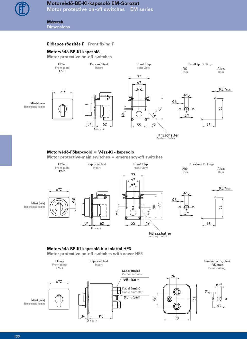 emergency-off switches Előlap Front plate F3-D Kapcsoló test Insert Homloklap Front view jtó Door Furatkép Drillings ljzat Rear Méret [mm] Dimensions in mm Motorvédő-BE-KI-kapcsoló burkolattal HF3
