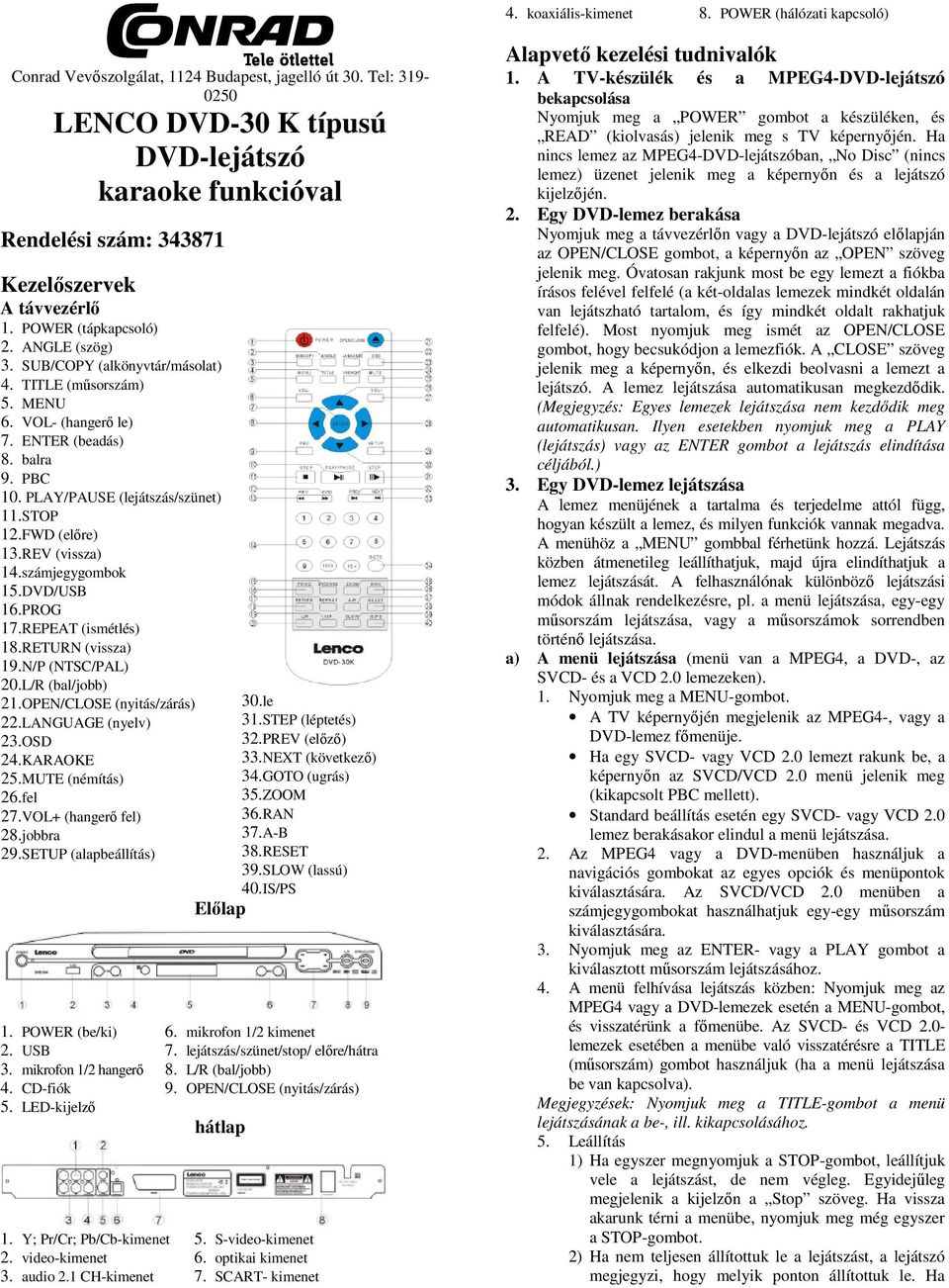 TITLE (műsorszám) 5. MENU 6. VOL- (hangerő le) 7. ENTER (beadás) 8. balra 9. PBC 10. PLAY/PAUSE (lejátszás/szünet) 11. STOP 12. FWD (előre) 13. REV (vissza) 14. számjegygombok 15. DVD/USB 16. PROG 17.