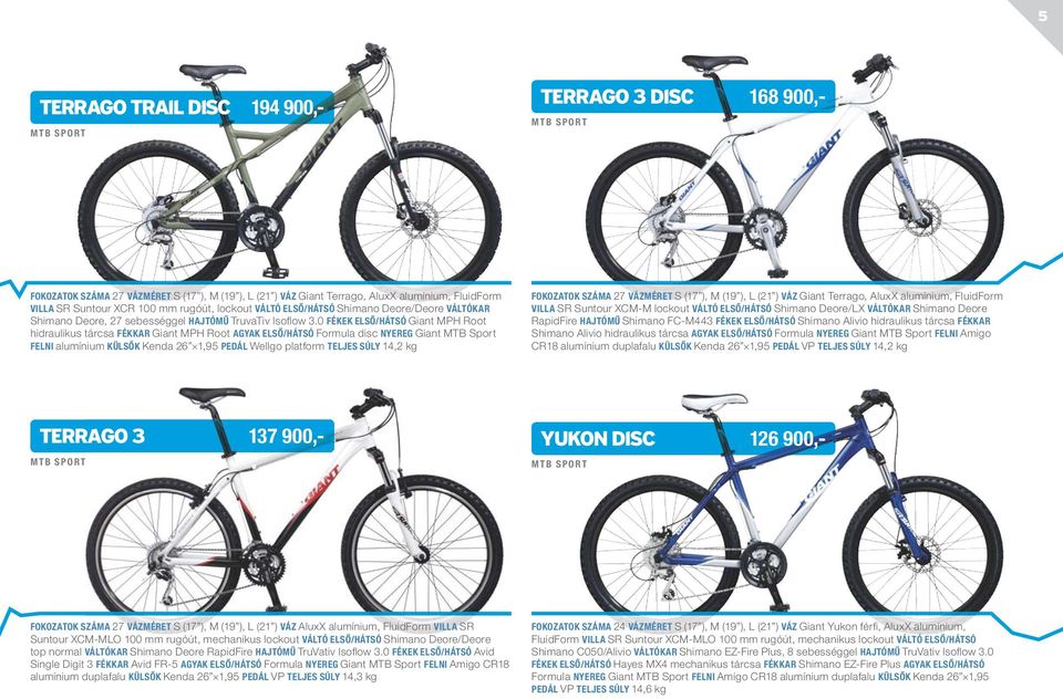 0 FÉKEK ELSŐ/HÁTSÓ Giant MPH Root hidraulikus tárcsa FÉKKAR Giant MPH Root AGYAK ELSŐ/HÁTSÓ Formula disc NYEREG Giant MTB Sport FELNI alumínium KÜLSŐK Kenda 26 1,95 PEDÁL Wellgo platform TELJES SÚLY