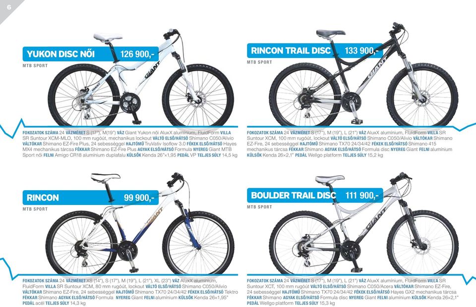 0 FÉKEK ELSŐ/HÁTSÓ Hayes MX4 mechanikus tárcsa FÉKKAR Shimano EZ-Fire Plus AGYAK ELSŐ/HÁTSÓ Formula NYEREG Giant MTB Sport női FELNI Amigo CR18 alumínium duplafalu KÜLSŐK Kenda 26 1,95 PEDÁL VP