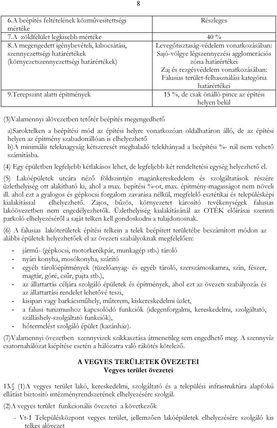 határértékei Zaj és rezgésvédelem vonatkozásában: Falusias terület-felhasználási kategória határértékei 9.