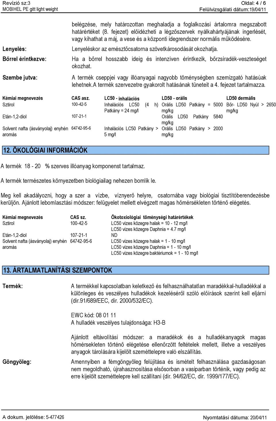 Lenyeléskor az emésztőcsatorna szövetkárosodását okozhatja. Ha a bőrrel hosszabb ideig és intenzíven érintkezik, bőrzsiradék-veszteséget okozhat.
