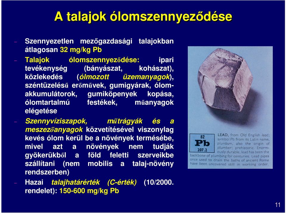 elégetése Szennyvíziszapok, műtrágyák és a meszezőanyagok közvetítésével viszonylag kevés ólom kerül be a növények termésébe, mivel azt a növények nem