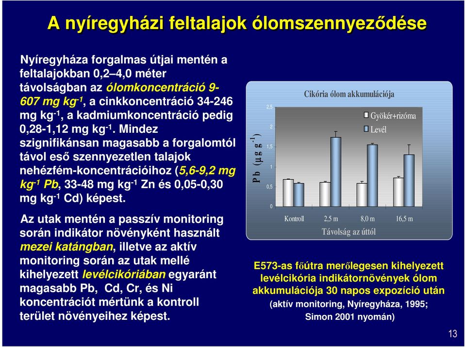 Mindez szignifikánsan magasabb a forgalomtól távol eső szennyezetlen talajok nehézfém-koncentrációihoz (5,6-9,2 mg kg -1 Pb, 33-48 mg kg -1 Zn és 0,05-0,30 mg kg -1 Cd) képest.
