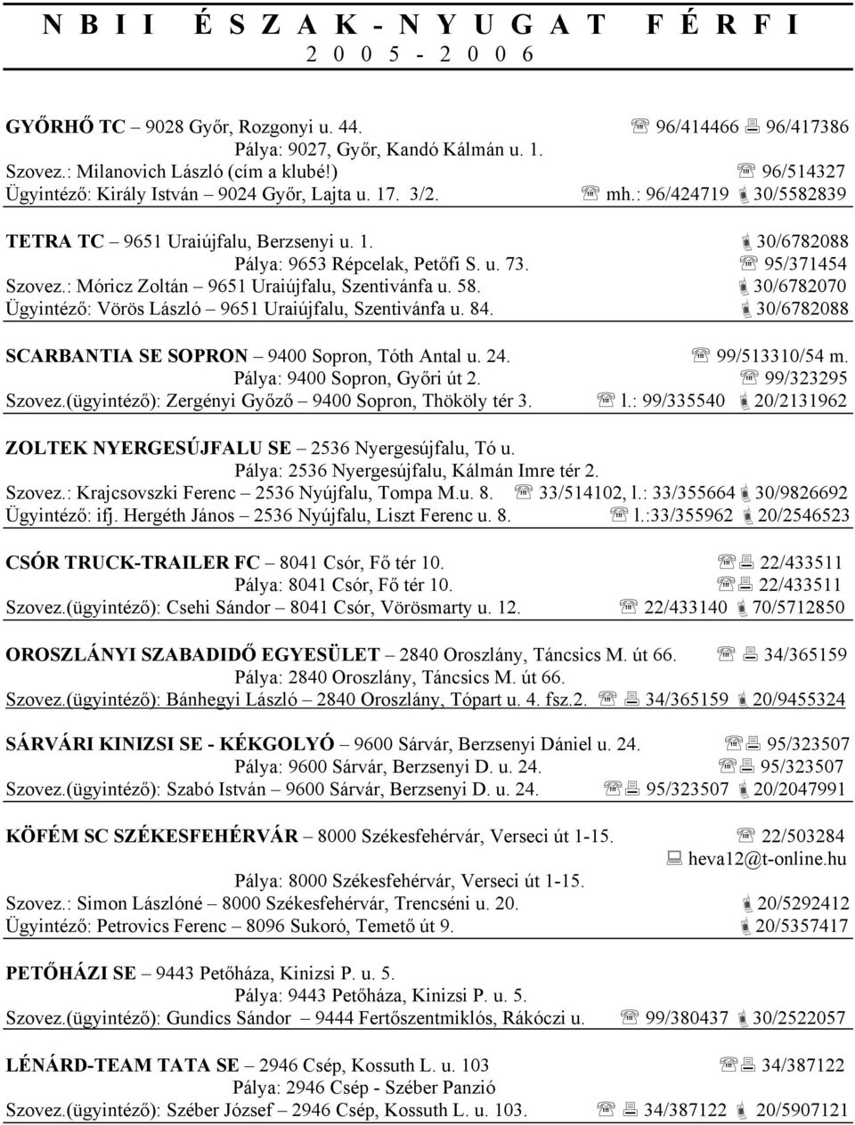 95/371454 Szovez.: Móricz Zoltán 9651 Uraiújfalu, Szentivánfa u. 58. 30/6782070 Ügyintéző: Vörös László 9651 Uraiújfalu, Szentivánfa u. 84. 30/6782088 SCARBANTIA SE SOPRON 9400 Sopron, Tóth Antal u.