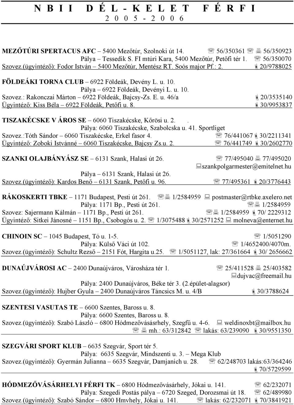 : Rakonczai Márton 6922 Földeák, Bajcsy-Zs. E. u. 46/a 20/3535140 Ügyintéző: Kiss Béla 6922 Földeák, Petőfi u. 8. 30/9953837 TISZAKÉCSKE V ÁROS SE 6060 Tiszakécske, Kőrösi u. 2.. Pálya: 6060 Tiszakécske, Szabolcska u.
