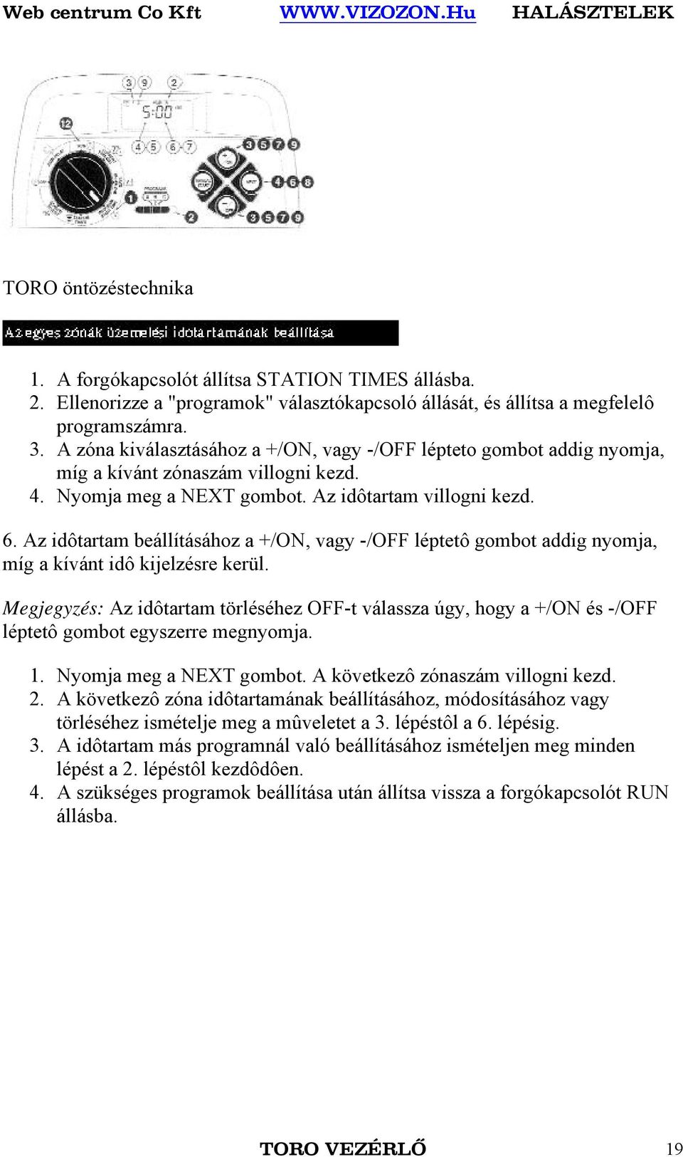 Az idôtartam beállításához a +/ON, vagy -/OFF léptetô gombot addig nyomja, míg a kívánt idô kijelzésre kerül.