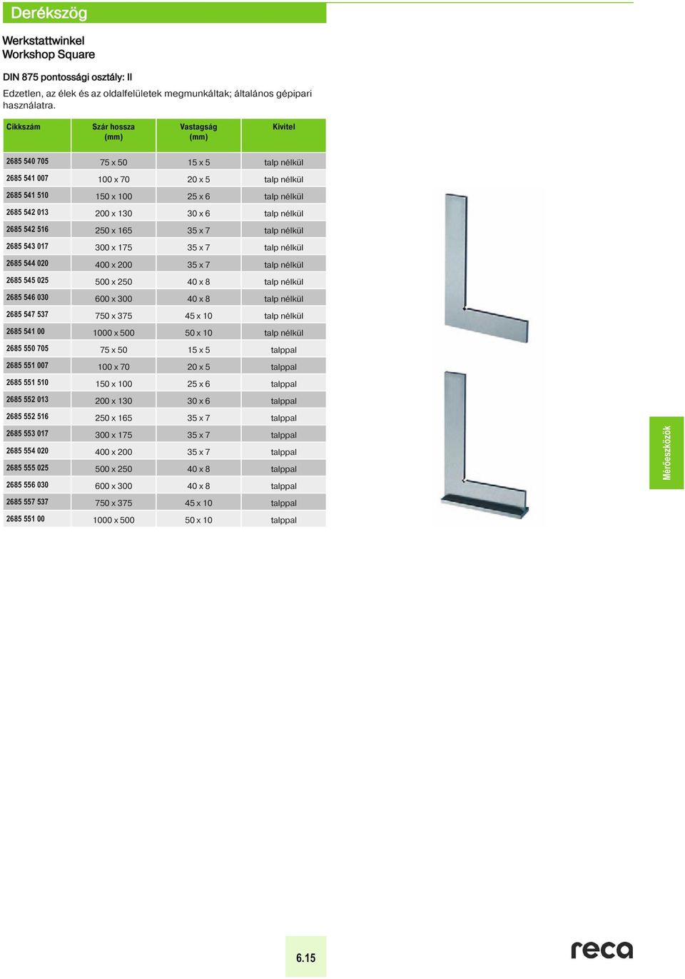 Szár hossza Vastagság Kivitel 2685 540 705 75 x 50 15 x 5 talp nélkül 2685 541 007 100 x 70 20 x 5 talp nélkül 2685 541 510 150 x 100 25 x 6 talp nélkül 2685 542 013 200 x 130 30 x 6 talp nélkül 2685