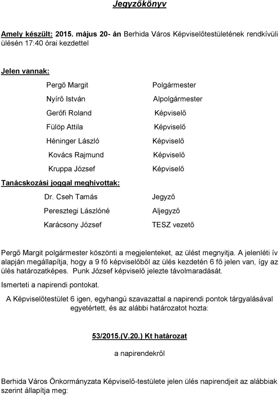 Polgármester Alpolgármester Képviselő Képviselő Képviselő Képviselő Képviselő Tanácskozási joggal meghívottak: Dr.