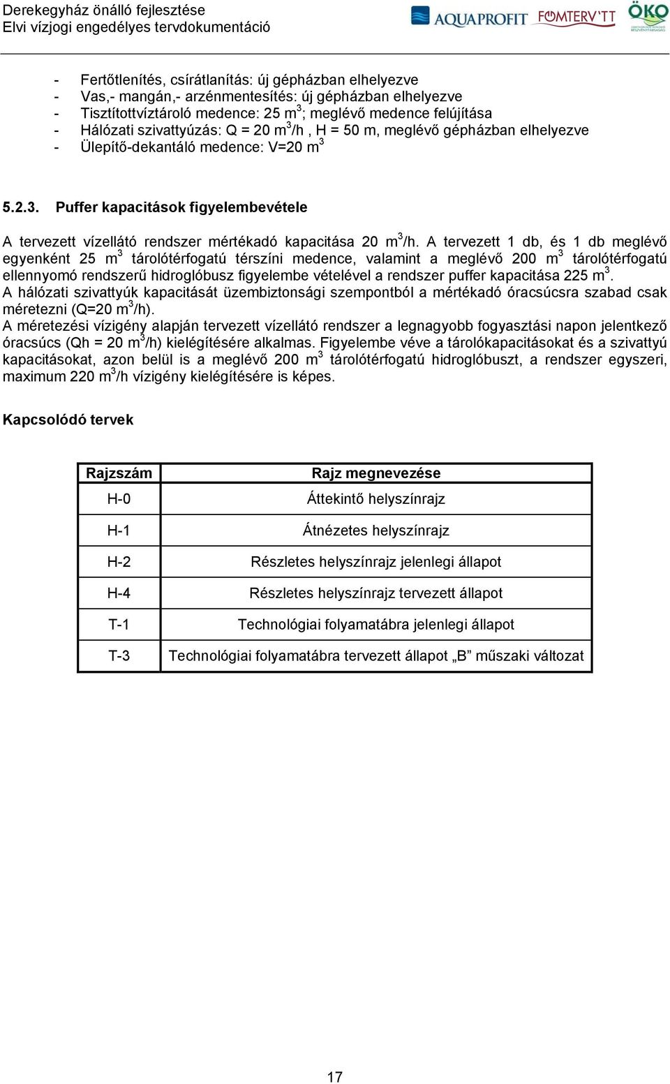 A tervezett 1 db, és 1 db meglévő egyenként 25 m 3 tárolótérfogatú térszíni medence, valamint a meglévő 200 m 3 tárolótérfogatú ellennyomó rendszerű hidroglóbusz figyelembe vételével a rendszer