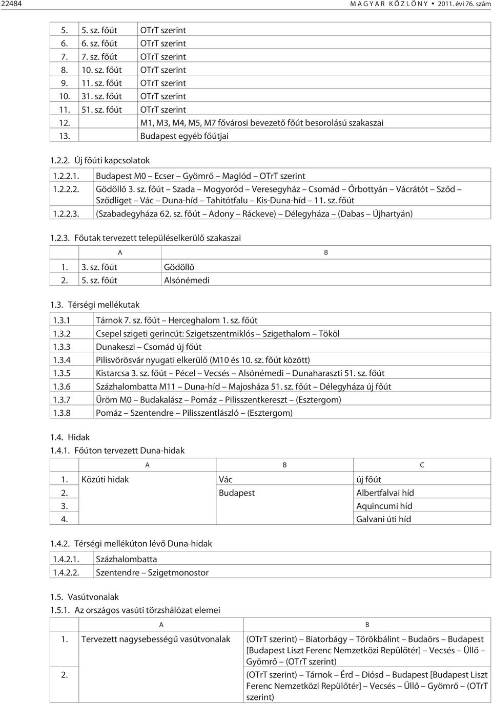 2.2.2. Gödöllõ 3. sz. fõút Szada Mogyoród Veresegyház Csomád Õrbottyán Vácrátót Szõd Szõdliget Vác Duna-híd Tahitótfalu Kis-Duna-híd 11. sz. fõút 1.2.2.3. (Szabadegyháza 62. sz. fõút Adony Ráckeve) Délegyháza (Dabas Újhartyán) 1.