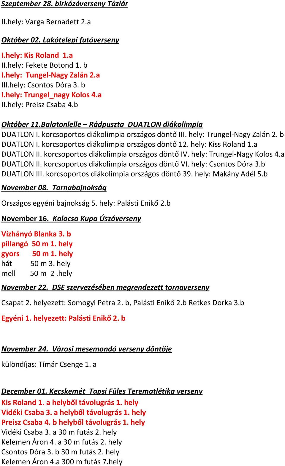 hely: Trungel-Nagy Zalán 2. b DUATLON I. korcsoportos diákolimpia országos döntő 12. hely: Kiss Roland 1.a DUATLON II. korcsoportos diákolimpia országos döntő IV. hely: Trungel-Nagy Kolos 4.