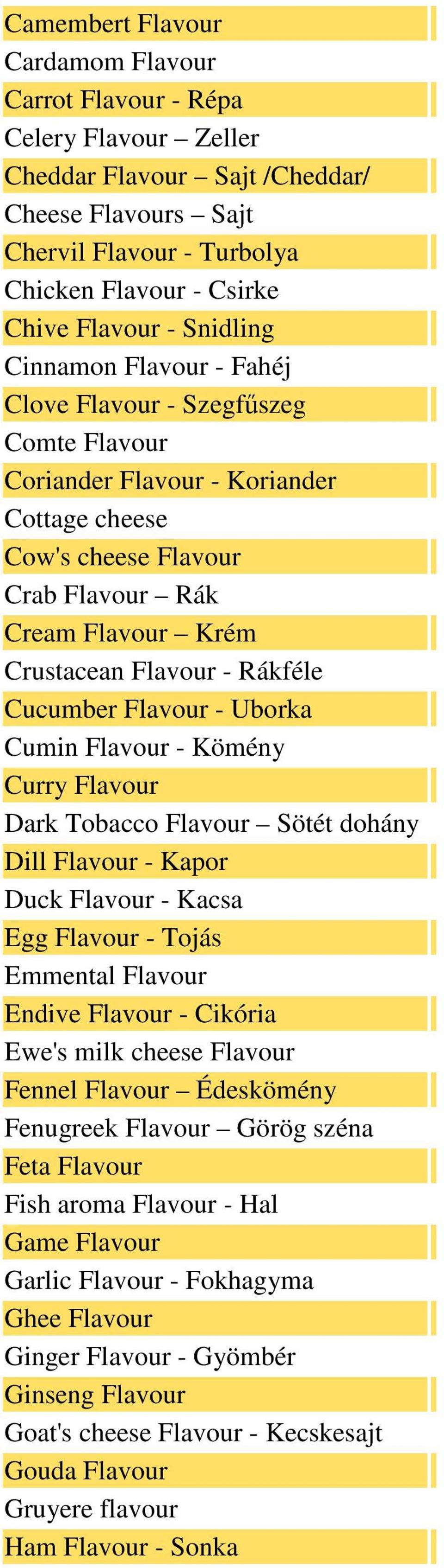 Rákféle Cucumber Flavour - Uborka Cumin Flavour - Kömény Curry Flavour Dark Tobacco Flavour Sötét dohány Dill Flavour - Kapor Duck Flavour - Kacsa Egg Flavour - Tojás Emmental Flavour Endive Flavour