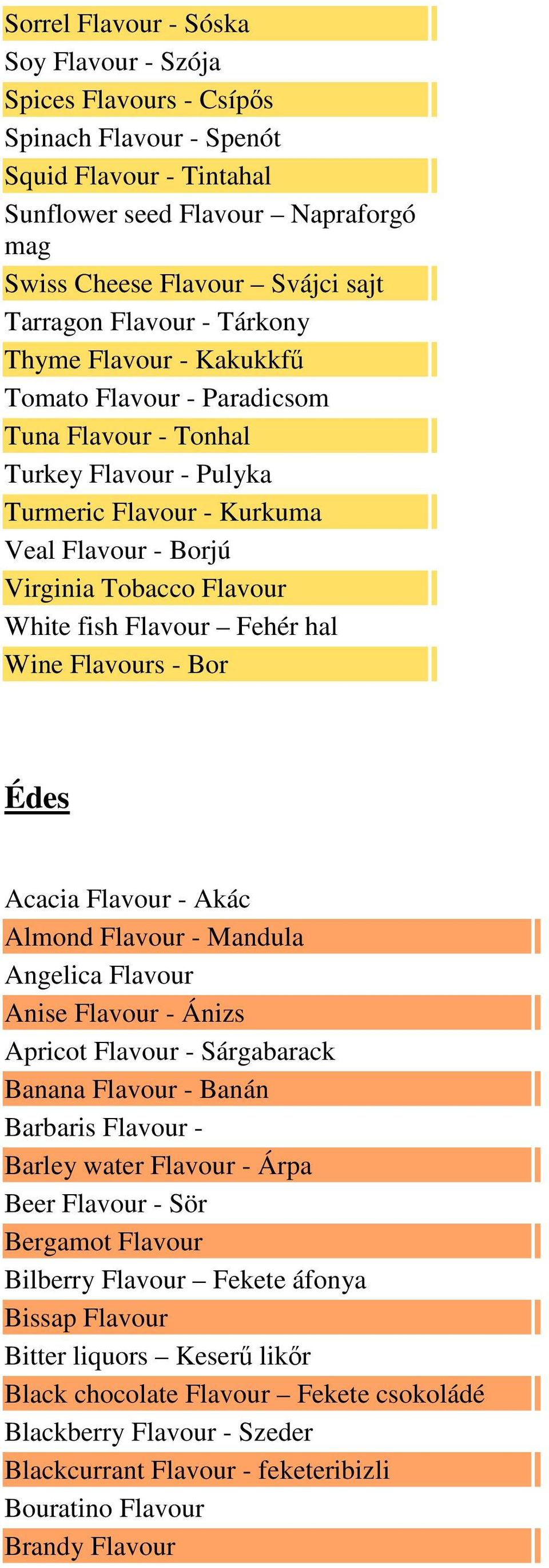 fish Flavour Fehér hal Wine Flavours - Bor Édes Acacia Flavour - Akác Almond Flavour - Mandula Angelica Flavour Anise Flavour - Ánizs Apricot Flavour - Sárgabarack Banana Flavour - Banán Barbaris
