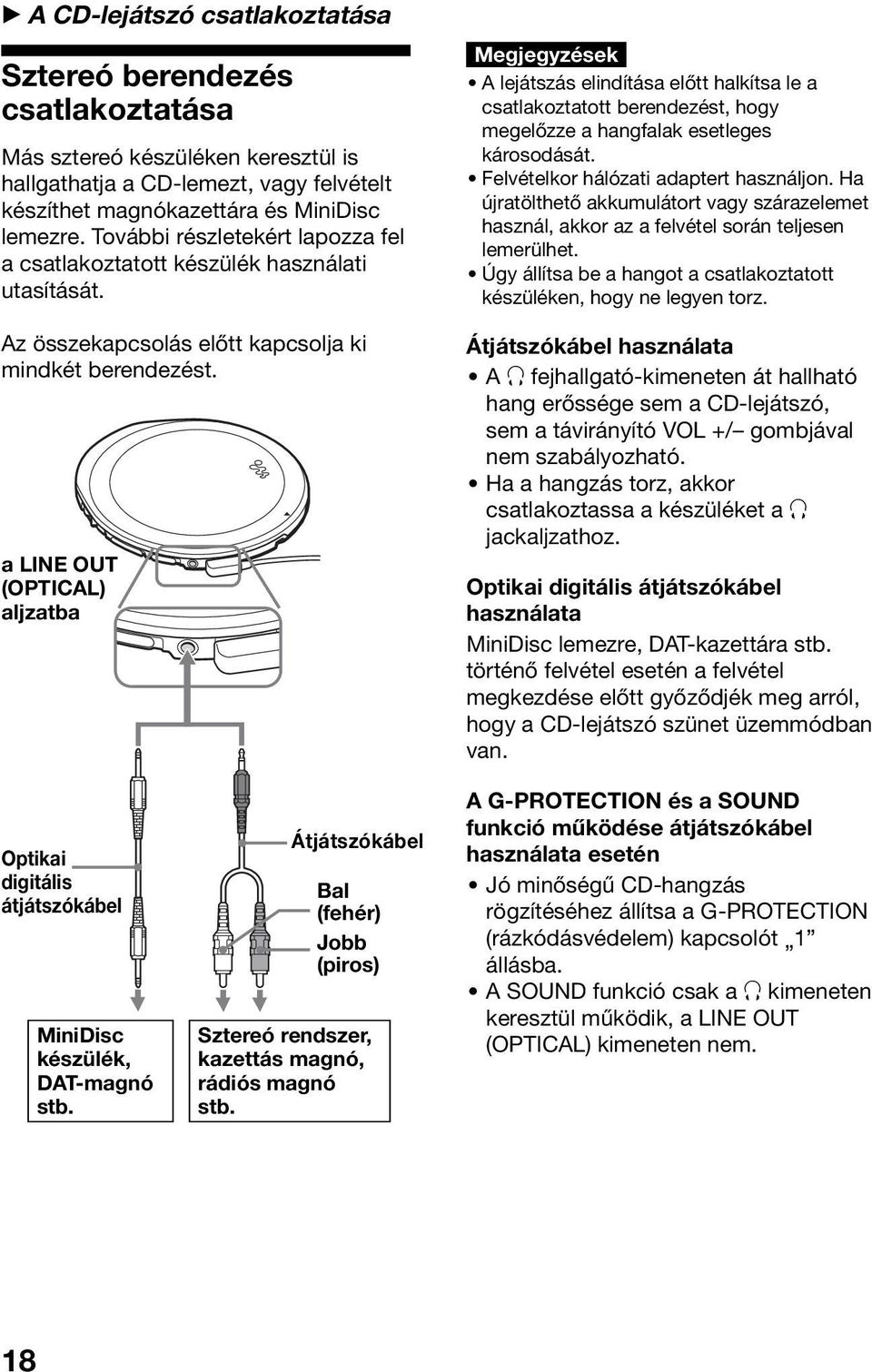 a LINE OUT (OPTICAL) aljzatba Megjegyzések A lejátszás elindítása előtt halkítsa le a csatlakoztatott berendezést, hogy megelőzze a hangfalak esetleges károsodását.