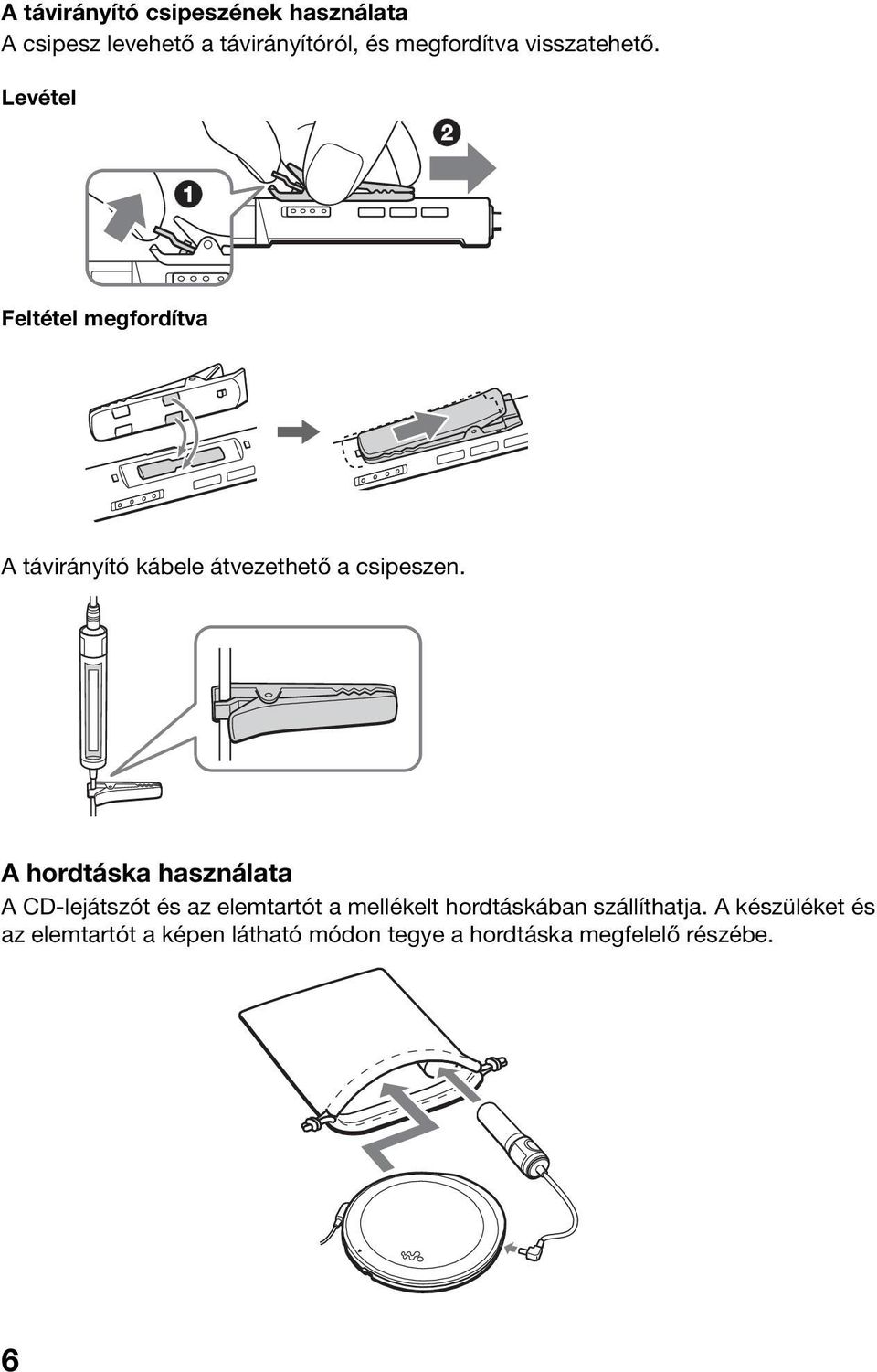 A hordtáska használata A CD-lejátszót és az elemtartót a mellékelt hordtáskában