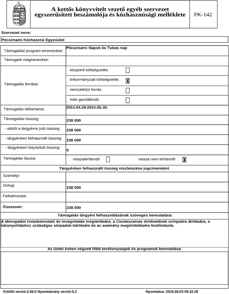 folyósított összeg: Támogatás típusa: 238 000 238 000 238 000 0 visszatérítendő vissza nem térítendő Tárgyévben felhasznált összeg részletezése jogcímenként