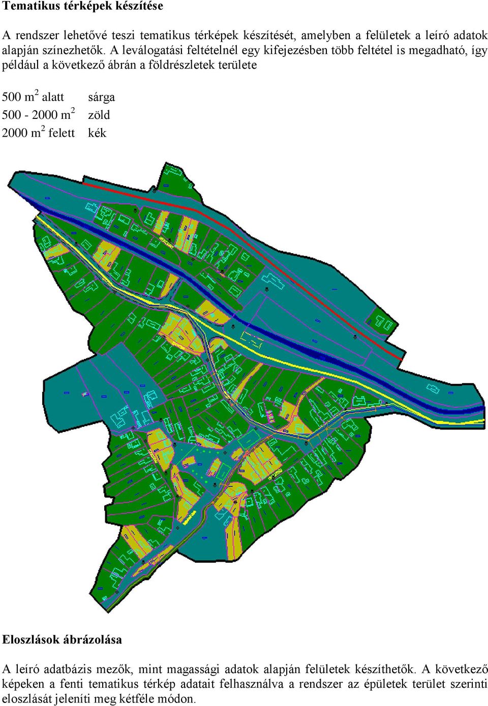 sárga 500-2000 m 2 zöld 2000 m 2 felett kék Eloszlások ábrázolása A leíró adatbázis mezők, mint magassági adatok alapján felületek készíthetők.