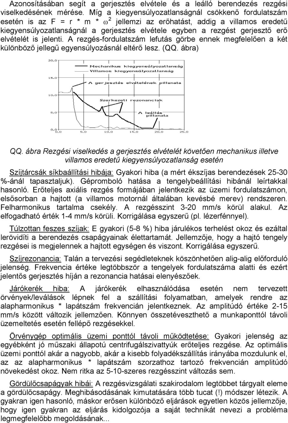 gerjesztő erő elvételét is jelenti. A rezgés-fordulatszám lefutás görbe ennek megfelelően a két különböző jellegű egyensúlyozásnál eltérő lesz. (QQ. ábra) QQ.