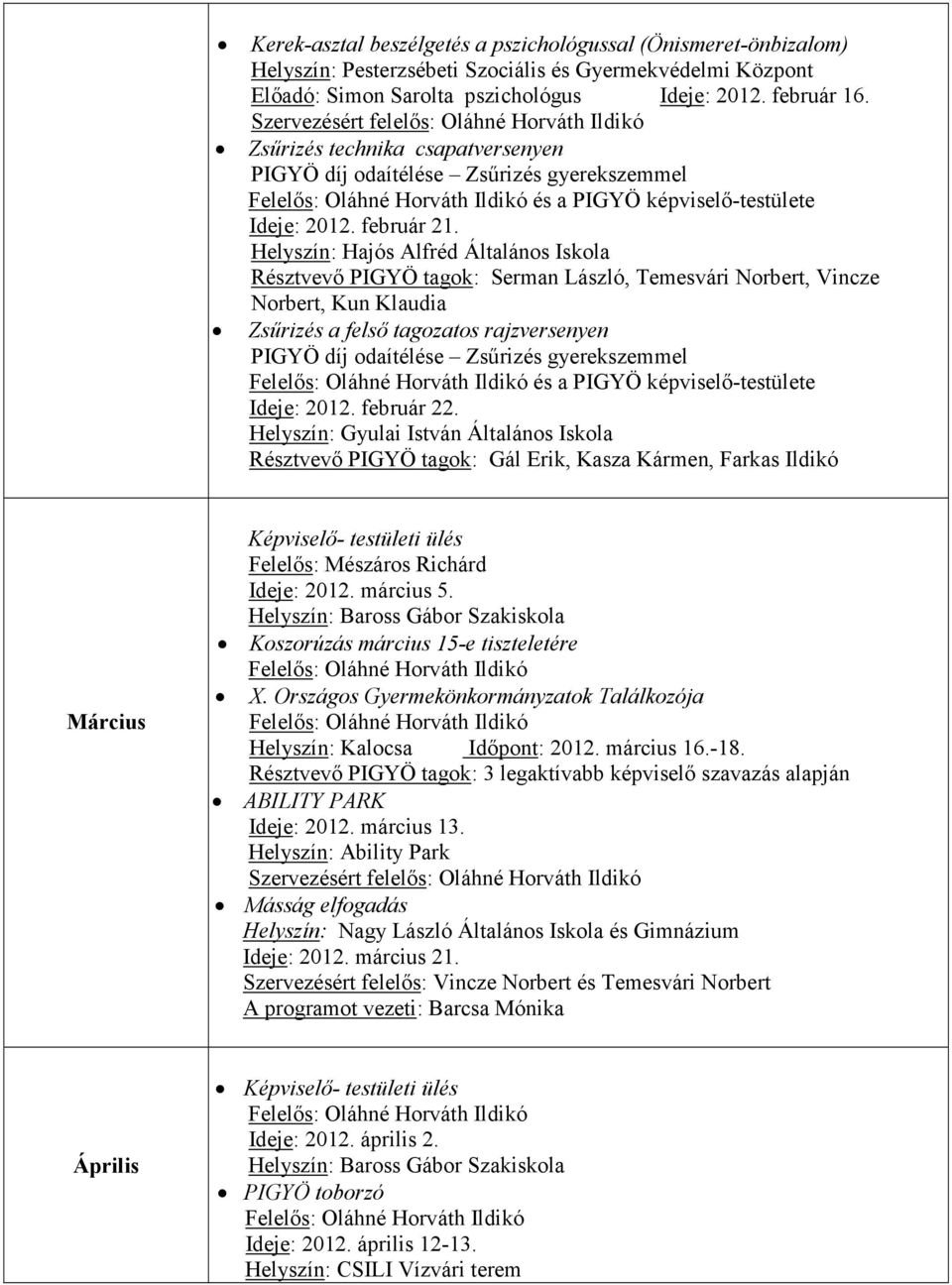 Helyszín: Hajós Alfréd Általános Iskola Résztvevı PIGYÖ tagok: Serman László, Temesvári Norbert, Vincze Norbert, Kun Klaudia Zsőrizés a felsı tagozatos rajzversenyen és a PIGYÖ képviselı-testülete