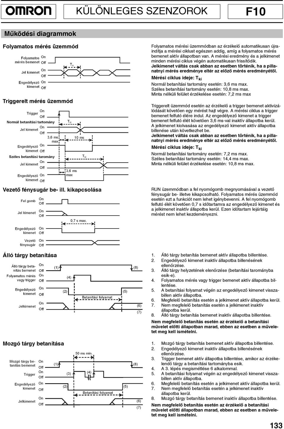 Jelkimenet váltás csak abban az esetben történik, ha a pillanatnyi mérés eredménye eltér az elõzõ mérés eredményétõl. Mérési ciklus ideje: T ki Normál betanítási tartomány esetén: 3,6 ms max.