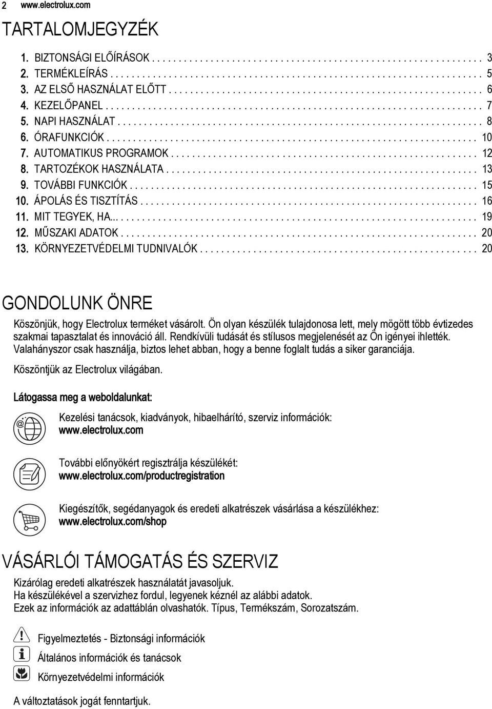 ÓRAFUNKCIÓK...................................................................... 10 7. AUTOMATIKUS PROGRAMOK.......................................................... 12 8. TARTOZÉKOK HASZNÁLATA.