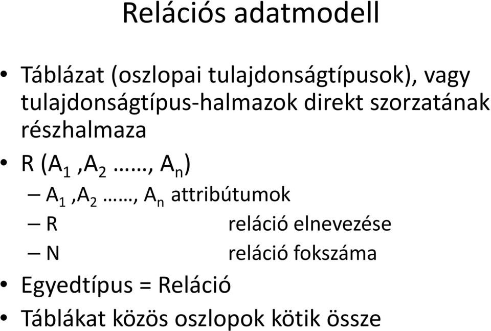 2, A n ) A 1,A 2, A n attribútumok R reláció elnevezése N reláció