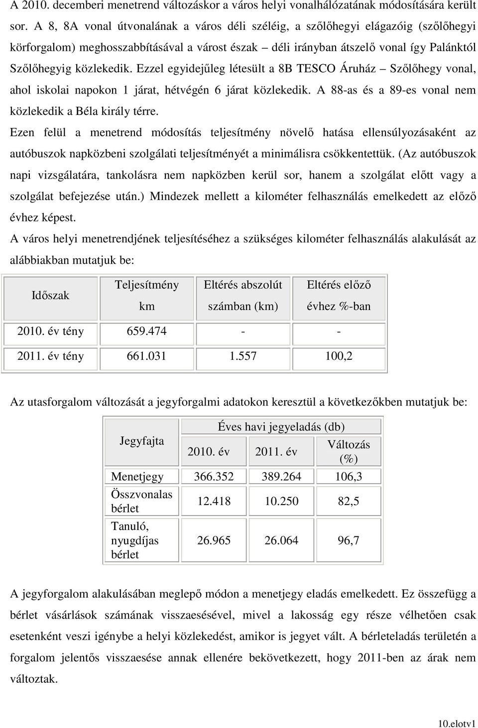 Ezzel egyidejőleg létesült a 8B TESCO Áruház Szılıhegy vonal, ahol iskolai napokon 1 járat, hétvégén 6 járat közlekedik. A 88-as és a 89-es vonal nem közlekedik a Béla király térre.