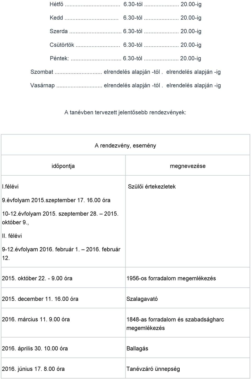 félévi Szülői értekezletek 9.évfolyam 2015.szeptember 17. 16.00 óra 10-12.évfolyam 2015. szeptember 28. 2015. október 9., II. félévi 9-12.évfolyam 2016. február 1. 2016. február 12. 2015. október 22.