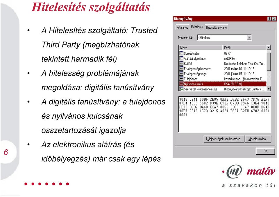 digitális tanúsítvány A digitális tanúsítvány: a tulajdonos és nyilvános