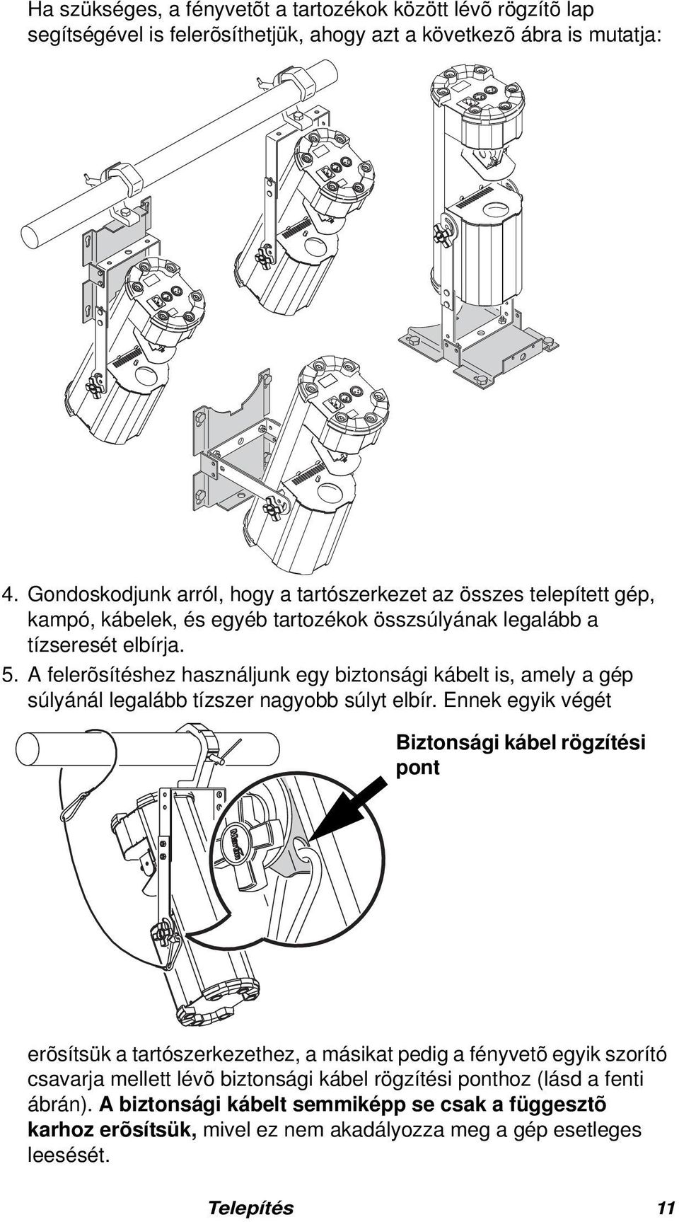 A felerõsítéshez használjunk egy biztonsági kábelt is, amely a gép súlyánál legalább tízszer nagyobb súlyt elbír.