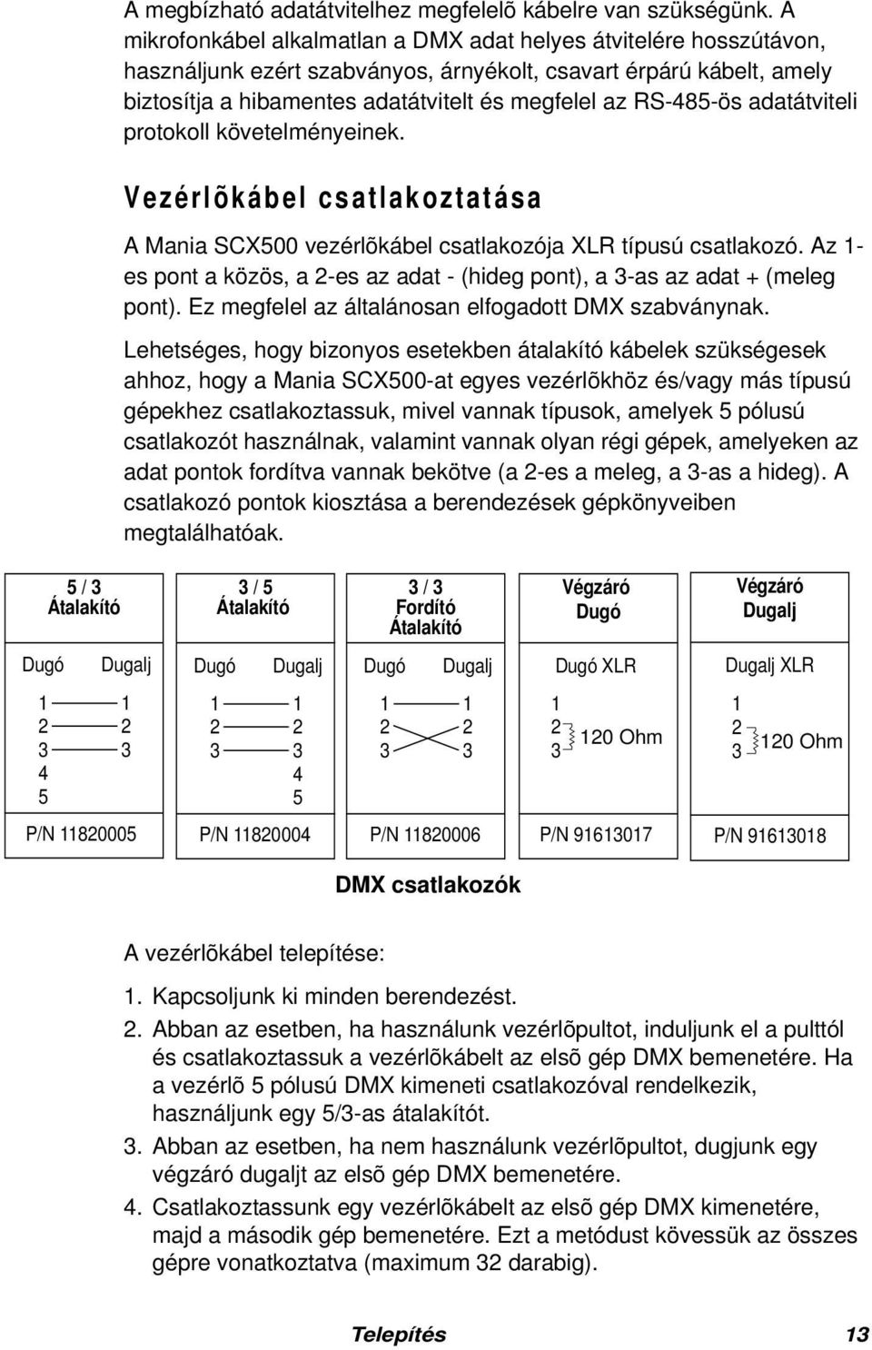RS-485-ös adatátviteli protokoll követelményeinek. Vezérl õkábel csatlakoztatása A Mania SCX500 vezérlõkábel csatlakozója XLR típusú csatlakozó.