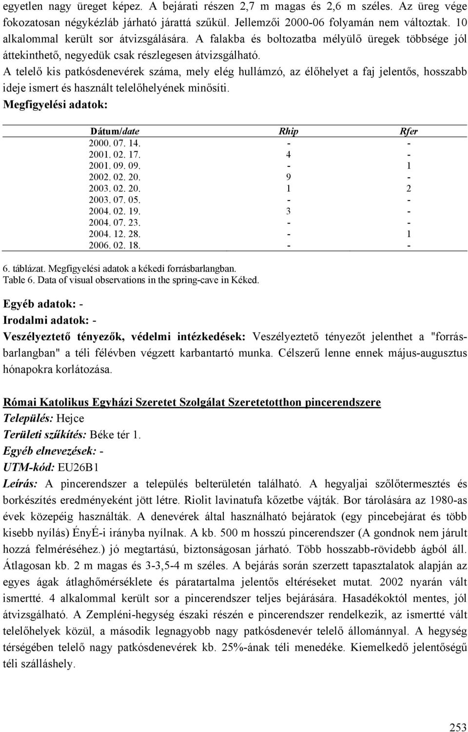 A telelő kis patkósdenevérek száma, mely elég hullámzó, az élőhelyet a faj jelentős, hosszabb ideje ismert és használt telelőhelyének minősíti. Dátum/date Rhip Rfer 2000. 07. 14. - - 2001. 02. 17.