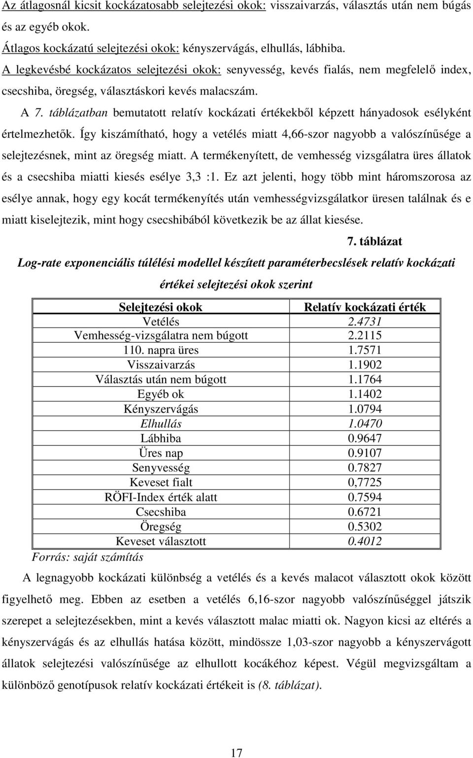 táblázatban bemutatott relatív kockázati értékekbıl képzett hányadosok esélyként értelmezhetık.