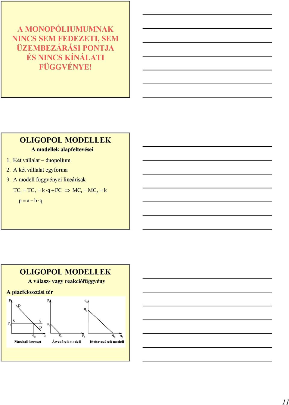 A modell függvényei lineárisak TC1 = TC2 = k + FC 1 = 2 = k = a b OLIGOPOL MOELLEK A válasz-