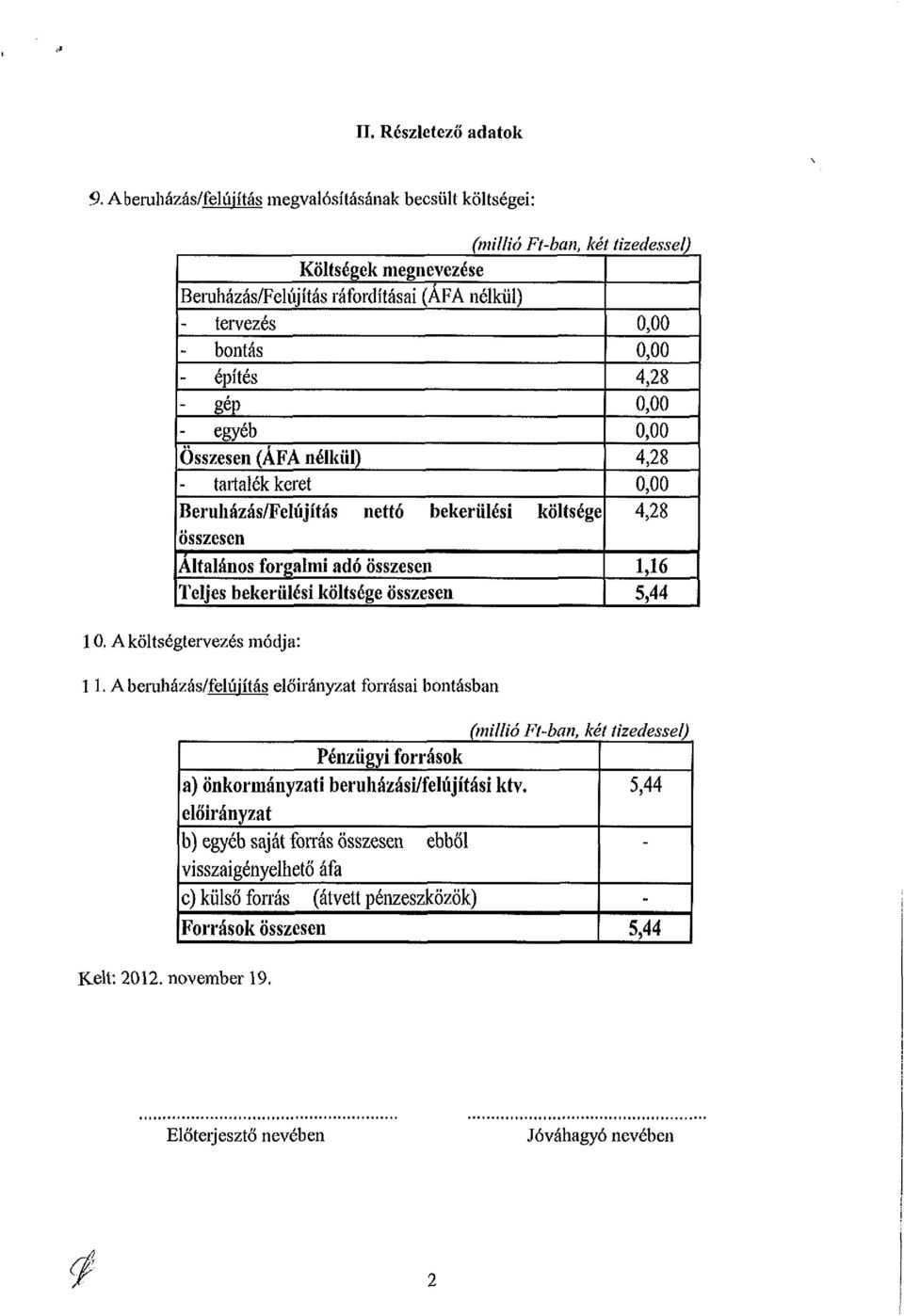 Összesen (ÁFA nélkül) tartalék keret Beruházás/Felújítás nettó bekerülési költsége összesen Altalános forgalmi adó összesen Teljes bekerülési költsége összesen 1. A költségtervezés módja: 11.