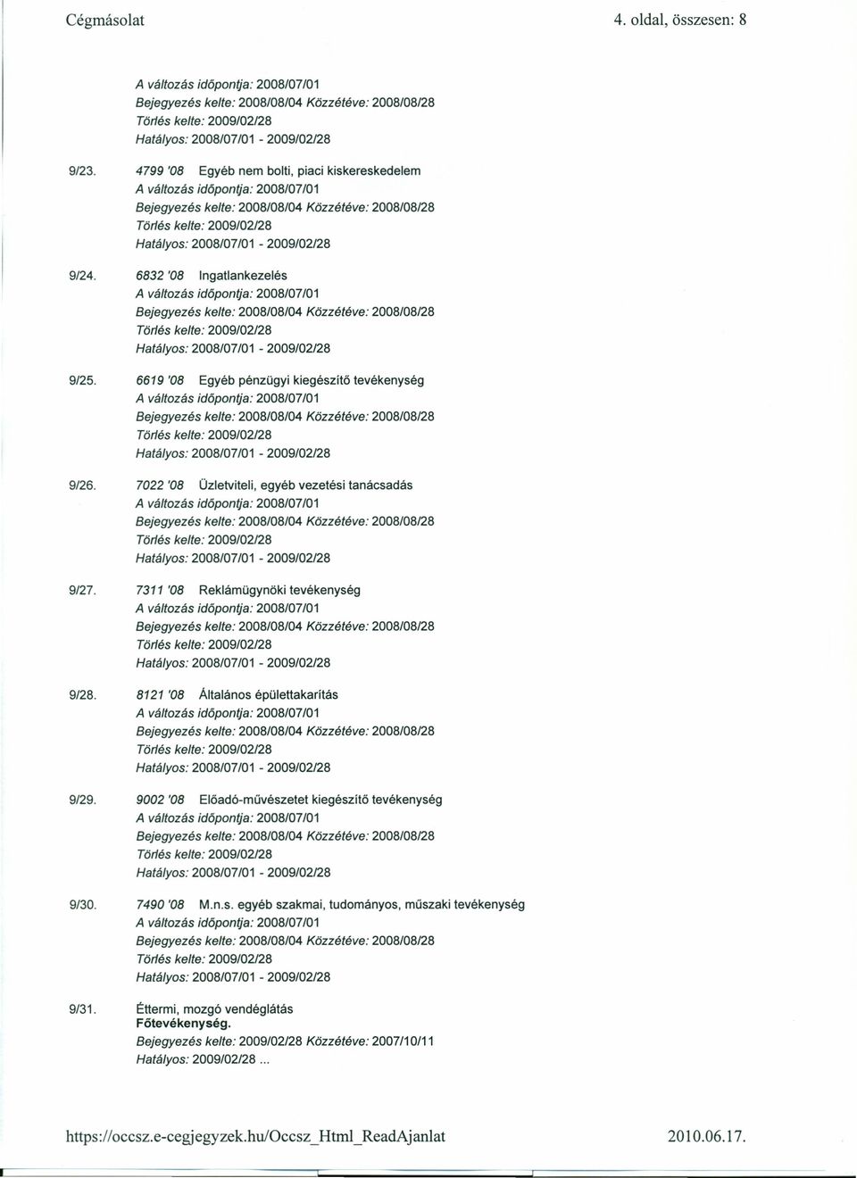 7311 '08 Reklámügynöki tevékenység 9/28. 8121 '08 Általános épülettakarítás 9/29.