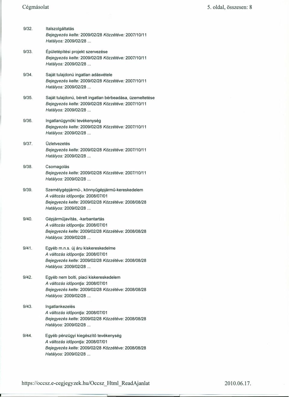 Csomagolás 9/39. Személygépjármü-, könnyügépjármü-kereskedelem 9/40. Gépjármüjavítás, -karbantartás 9/41. Egyéb m.n.s. új áru kiskereskedelme 9/42.