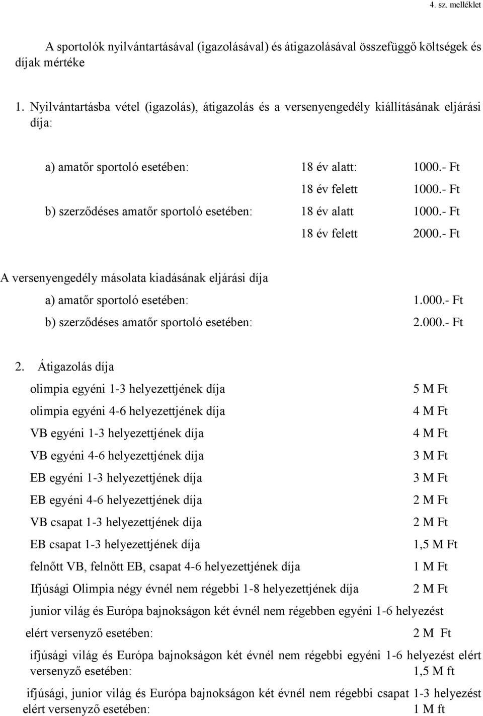 - Ft b) szerződéses amatőr sportoló esetében: 18 év alatt 1000.- Ft 18 év felett 2000.- Ft A versenyengedély másolata kiadásának eljárási díja a) amatőr sportoló esetében: 1.000.- Ft b) szerződéses amatőr sportoló esetében: 2.