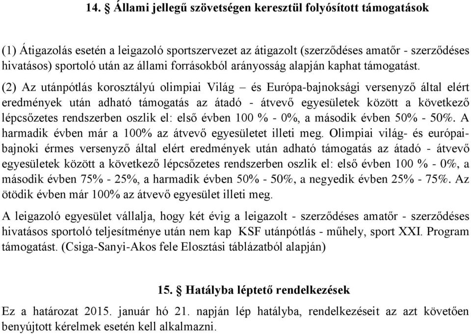 (2) Az utánpótlás korosztályú olimpiai Világ és Európa-bajnoksági versenyző által elért eredmények után adható támogatás az átadó - átvevő egyesületek között a következő lépcsőzetes rendszerben