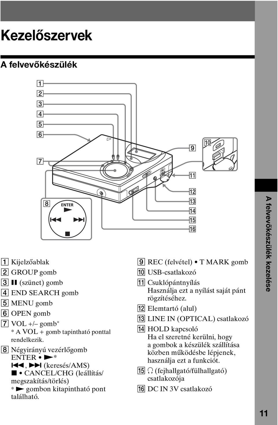 I REC (felvétel) T MARK gomb J USB-csatlakozó K Csuklópántnyílás Használja ezt a nyílást saját pánt rögzítéséhez.