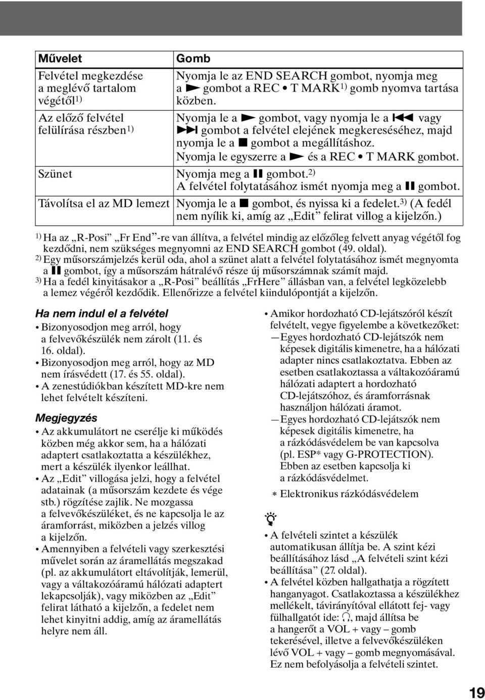Szünet Nyomja meg a X gombot. 2) A felvétel folytatásához ismét nyomja meg a X gombot. Távolítsa el az MD lemezt Nyomja le a x gombot, és nyissa ki a fedelet.