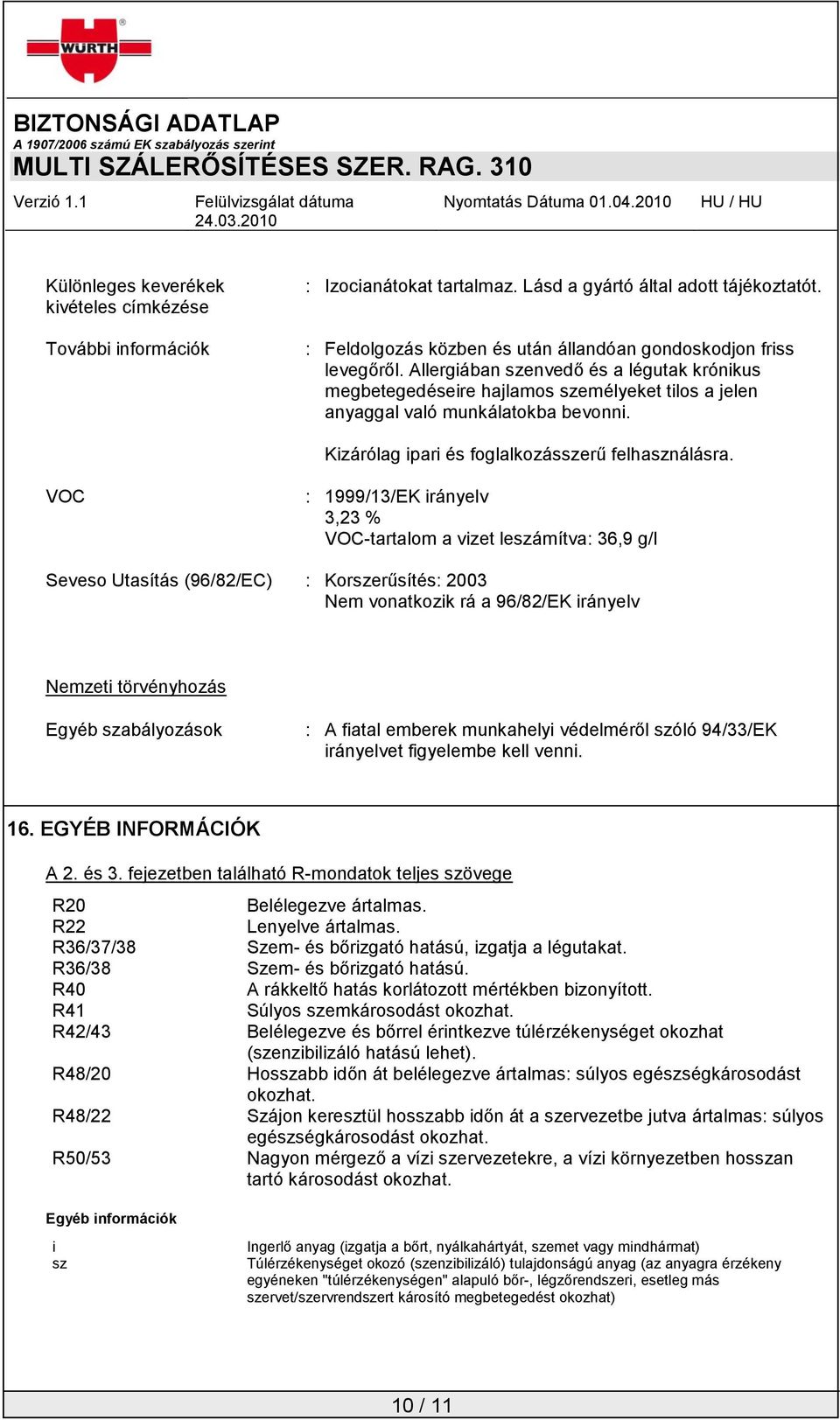 VOC : 1999/13/EK irányelv 3,23 % VOC-tartalom a vizet leszámítva: 36,9 g/l Seveso Utasítás (96/82/EC) : Korszerűsítés: 2003 Nem vonatkozik rá a 96/82/EK irányelv Nemzeti törvényhozás Egyéb