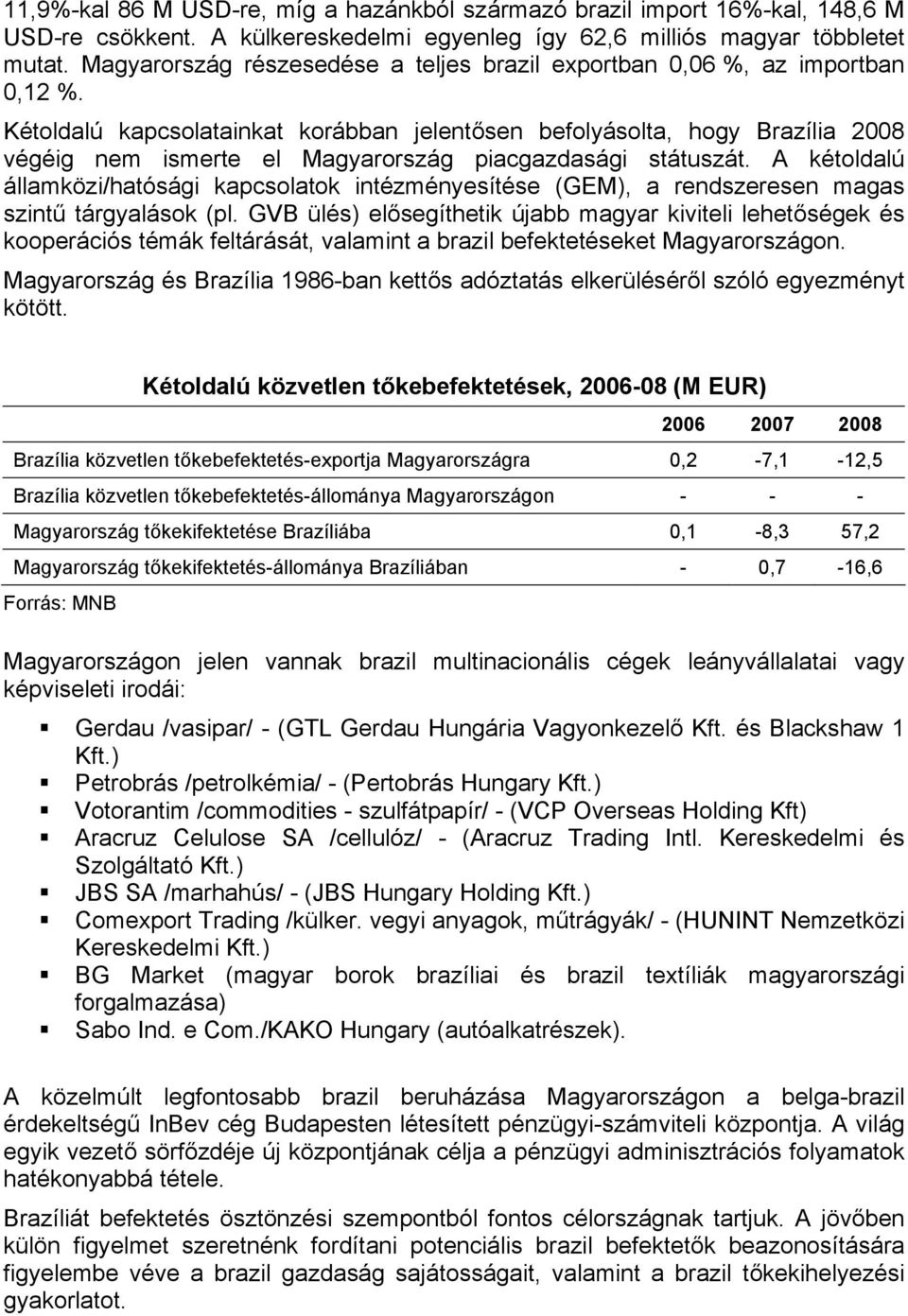 Kétoldalú kapcsolatainkat korábban jelentősen befolyásolta, hogy Brazília 2008 végéig nem ismerte el Magyarország piacgazdasági státuszát.