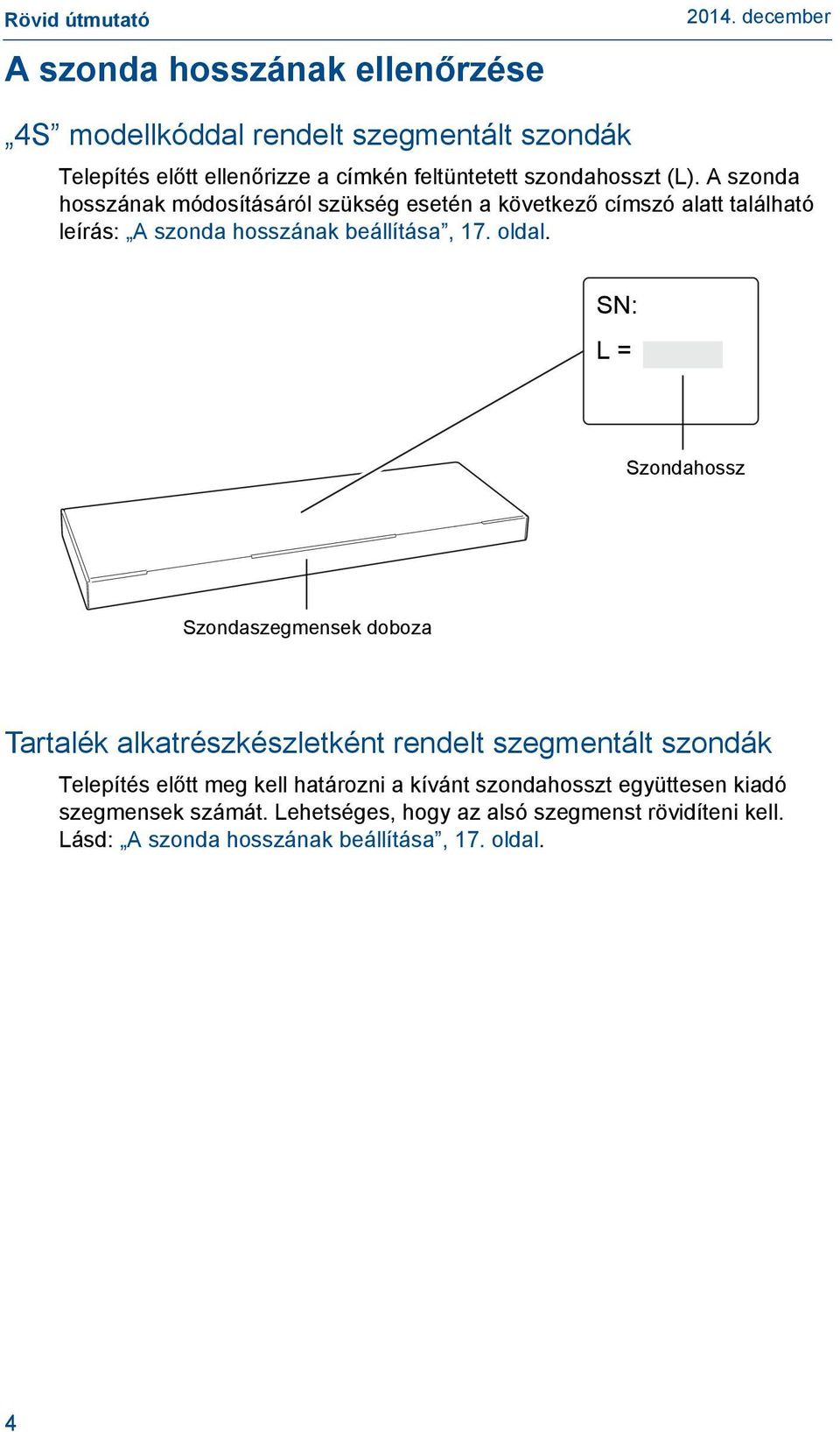 SN: L = Szondahossz Szondaszegmensek doboza Tartalék alkatrészkészletként rendelt szegmentált szondák Telepítés előtt meg kell határozni a