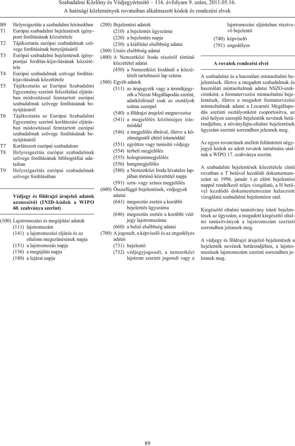 A hatósági közlemények rovataiban alkalmazott kódok és rendezési elvek B9 T1 T2 T3 T4 T5 T6 T7 T8 T9 Helyreigazítás a szabadalmi leírásokban Európai szabadalmi bejelentések igénypont fordításának