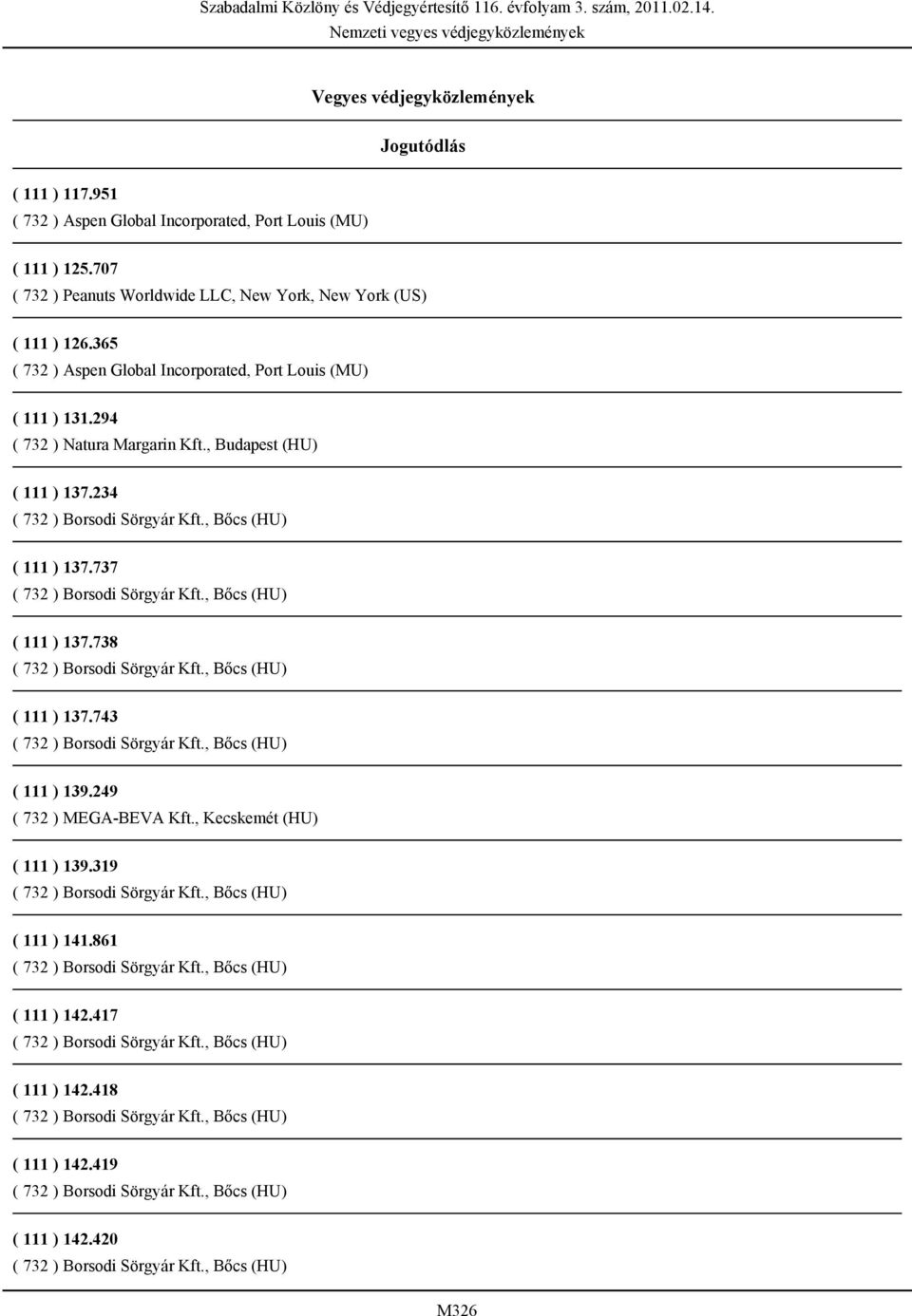 365 ( 732 ) Aspen Global Incorporated, Port Louis (MU) ( 111 ) 131.294 ( 732 ) Natura Margarin Kft., Budapest (HU) ( 111 ) 137.