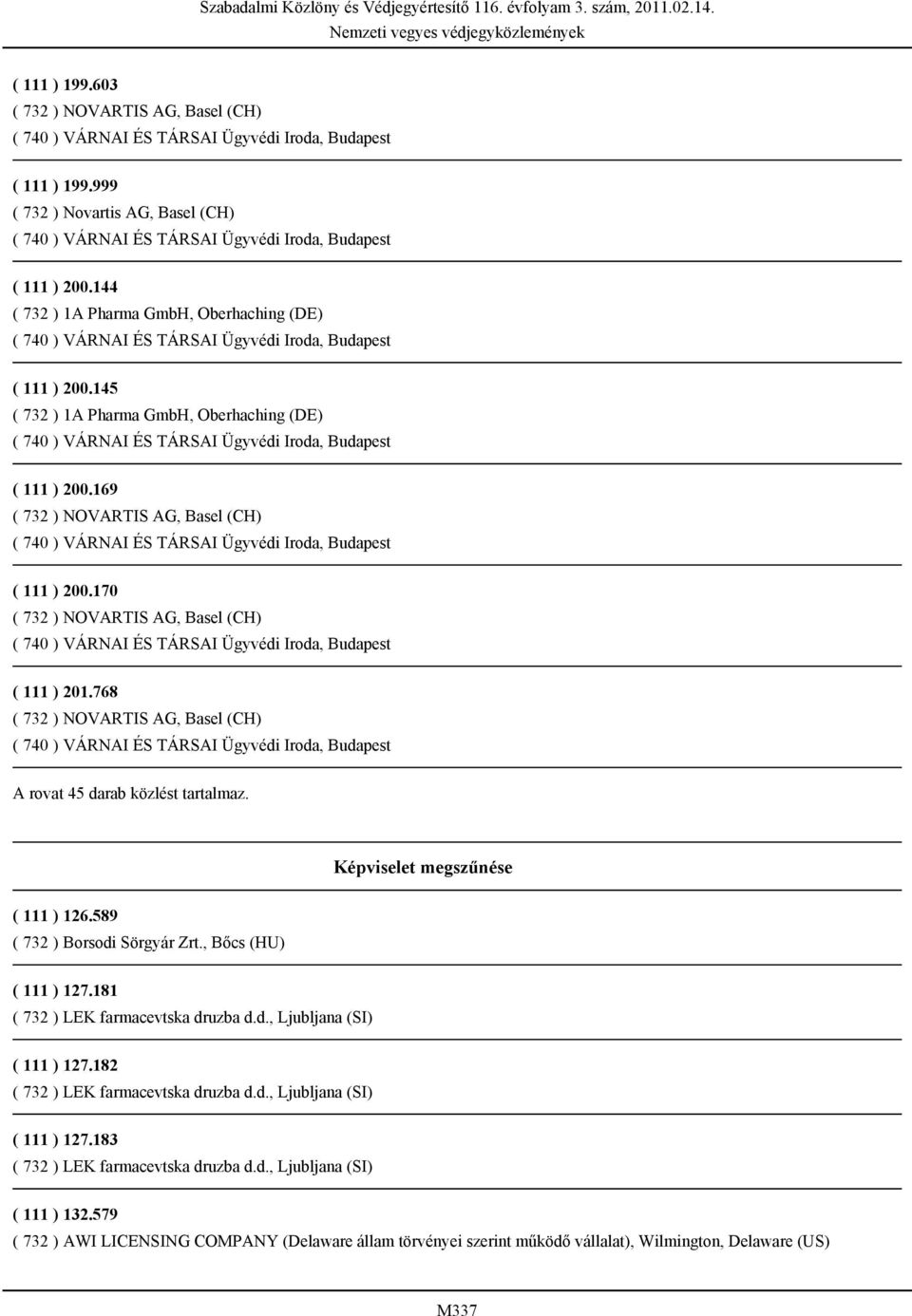Képviselet megszűnése ( 111 ) 126.589 ( 111 ) 127.181 ( 732 ) LEK farmacevtska druzba d.d., Ljubljana (SI) ( 111 ) 127.