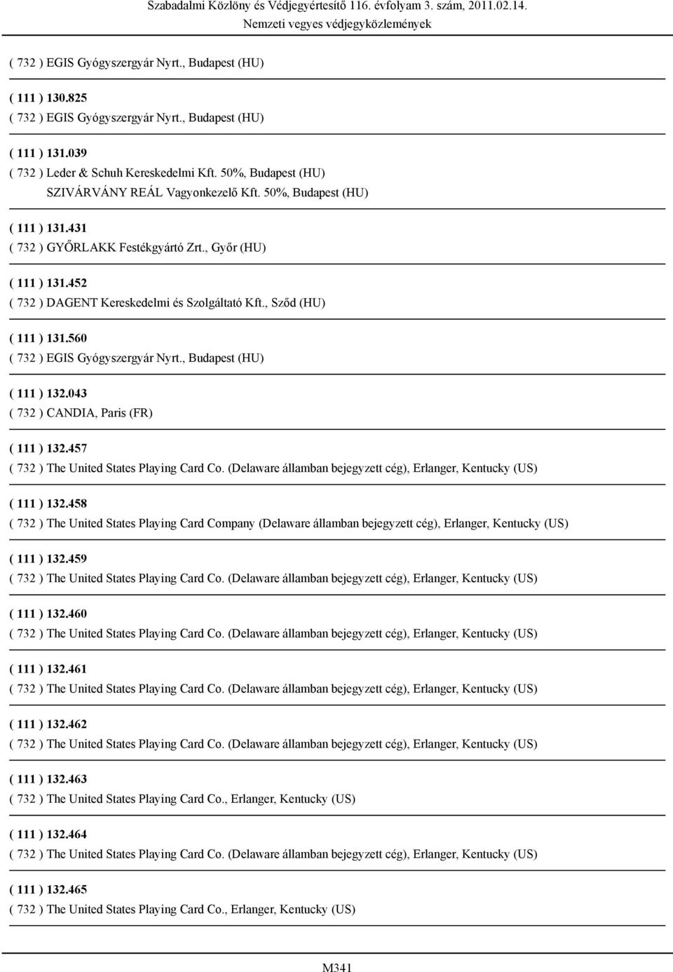 , Sződ (HU) ( 111 ) 131.560 ( 732 ) EGIS Gyógyszergyár Nyrt., Budapest (HU) ( 111 ) 132.043 ( 732 ) CANDIA, Paris (FR) ( 111 ) 132.457 ( 732 ) The United States Playing Card Co.
