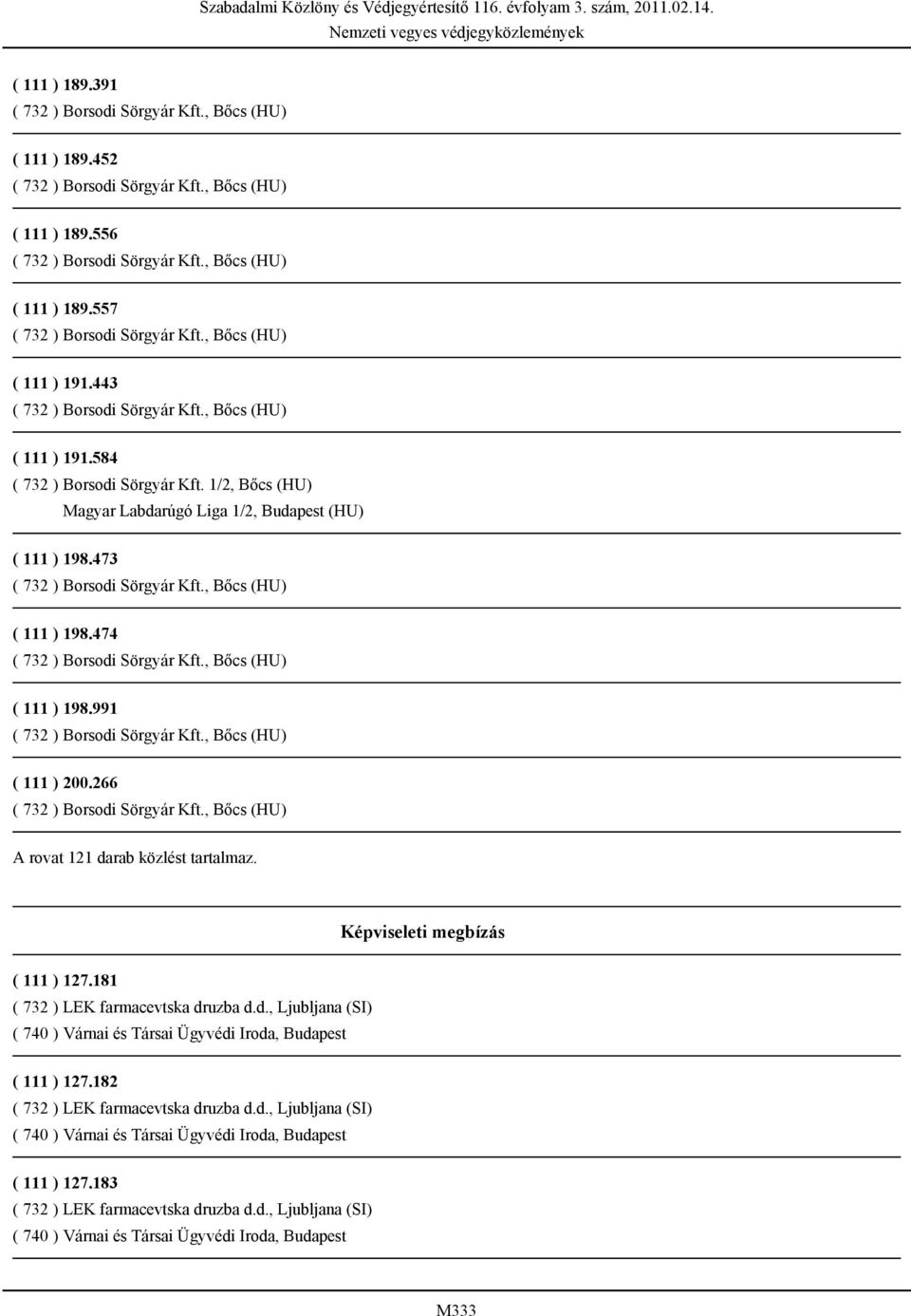 266 A rovat 121 darab közlést tartalmaz. Képviseleti megbízás ( 111 ) 127.181 ( 732 ) LEK farmacevtska druzba d.d., Ljubljana (SI) ( 111 ) 127.